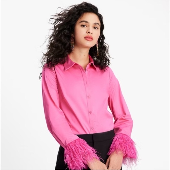 ♠️kate spade Plumage Feather Cuffs Shirt Top, Vivid Snapdragon Pink NWT - Picture 1 of 10
